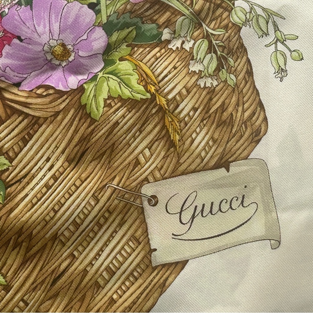 GUCCI SILK SCARF - Flower Baskets DK Green Boarder